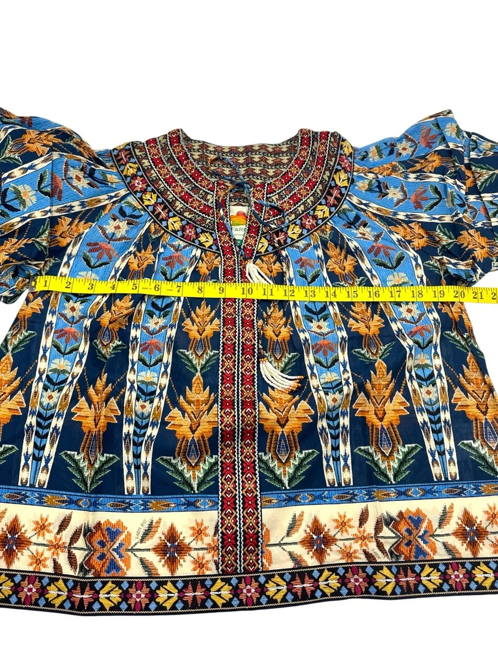 NWT FARM Rio Embroidered Tapestry Blue Short Sleeve Blouse Size Medium